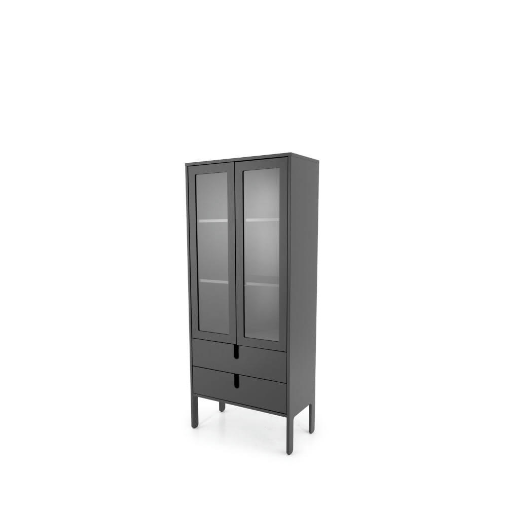 UNO - Vitrine en bois 2 portes 2 tiroirs H178cm gris anthracite