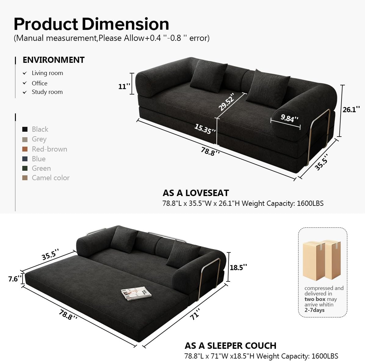 78.8 Modular Sofa Bed - 4-in-1 Convertible Design with Corduroy Fabric and High Density Sponge, Removable Cover and Fixed Frame
