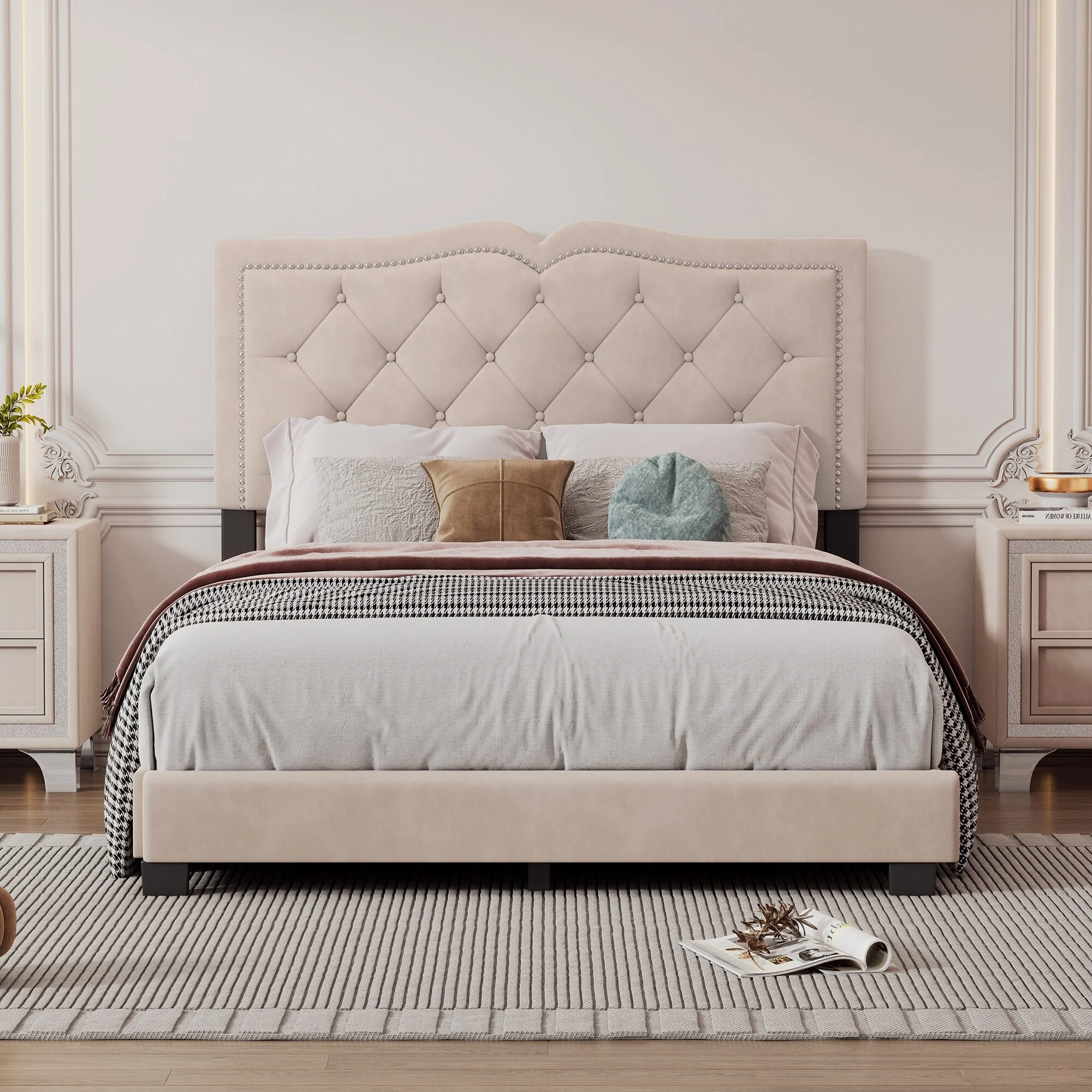 Elegant Full Size Upholstered Bed Frame with Rivet-Accented Velvet Headboard