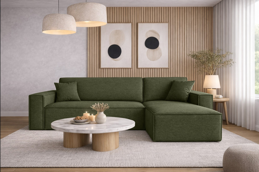 Sofa w kształcie L BEST narożnik tkanina Neve, Oliwkowy Prawostronny