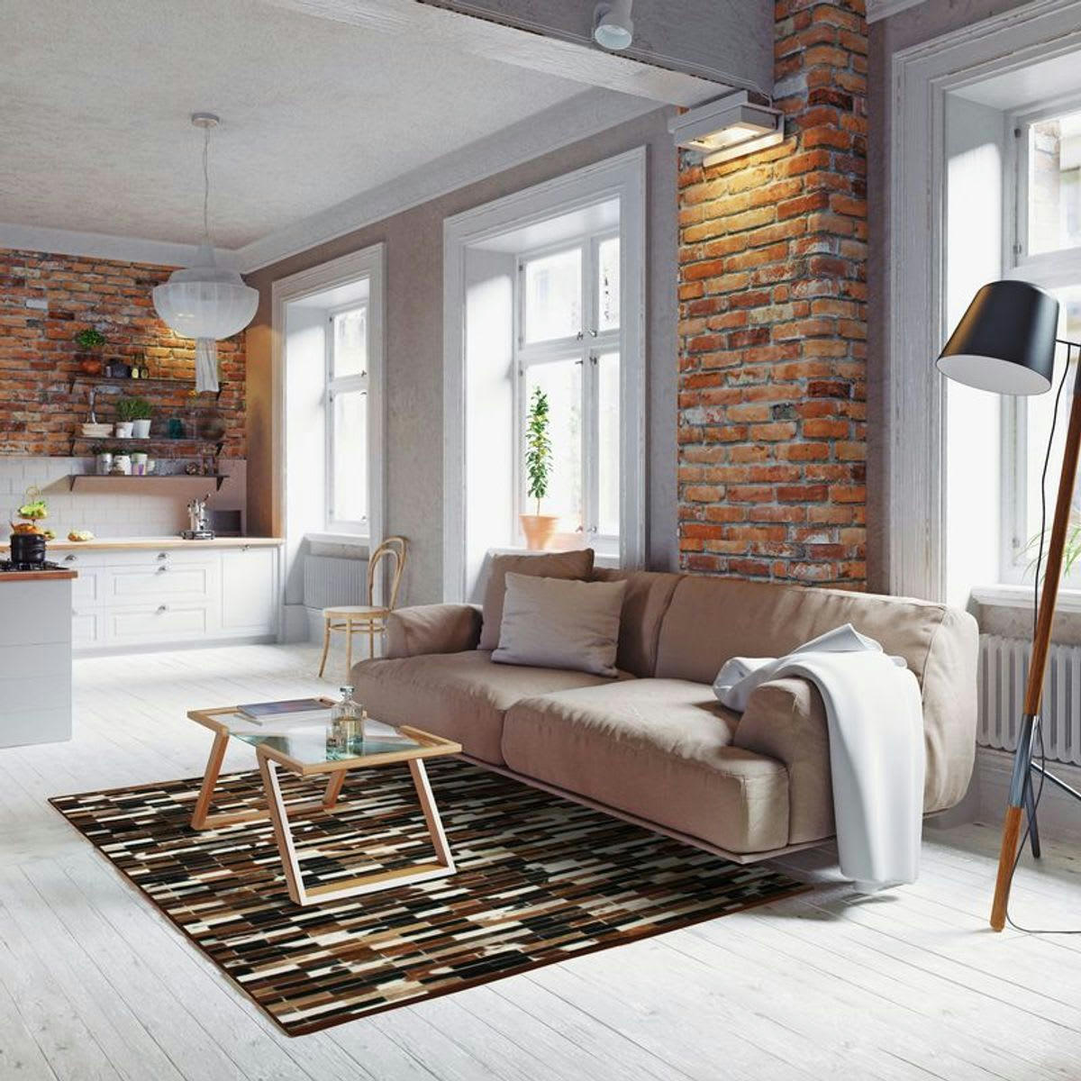 CUIR - Tapis en cuirs recyclés lignes marron multi 120x170