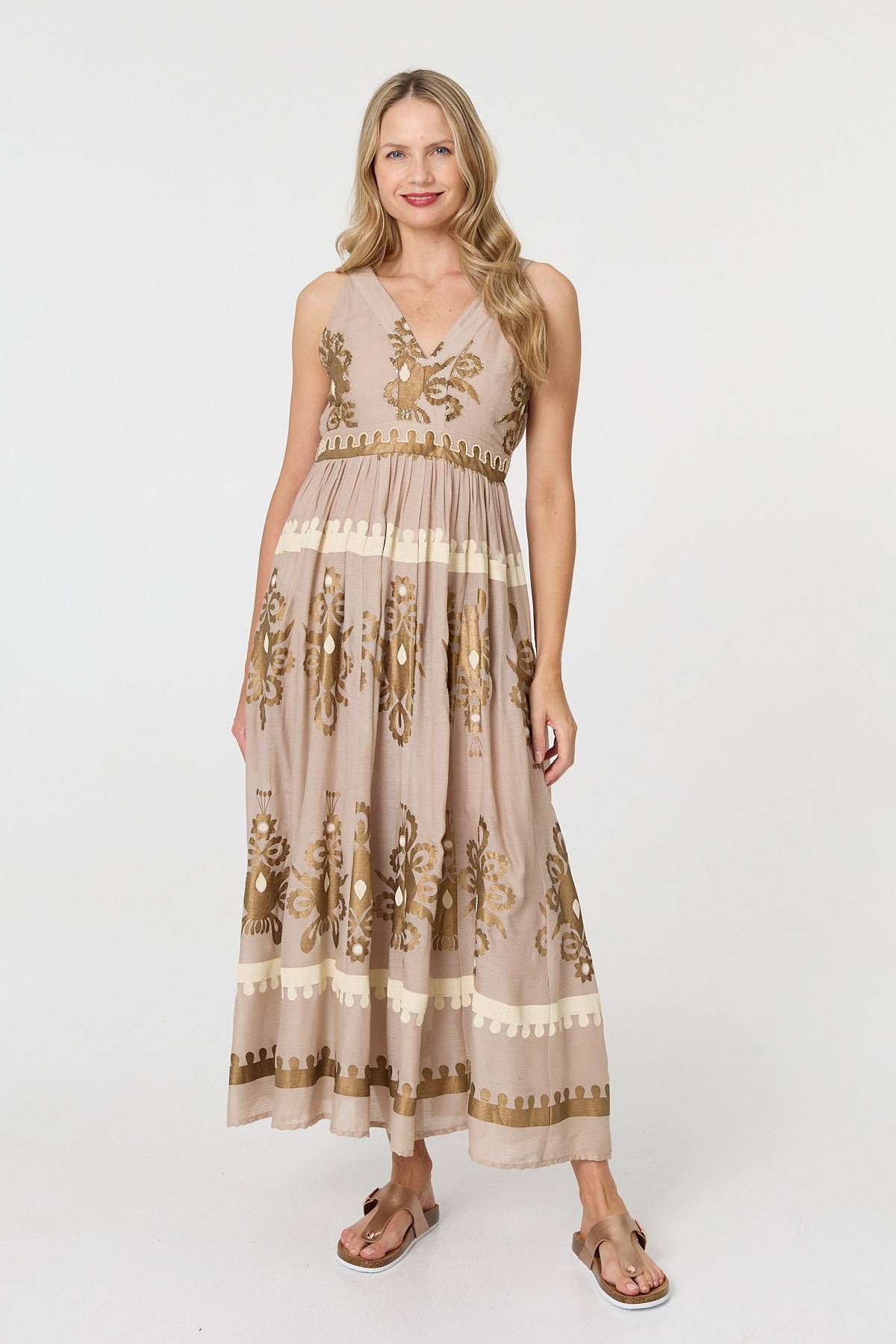 Izabel London Printed Ruched Sleeveless Maxi Dress
