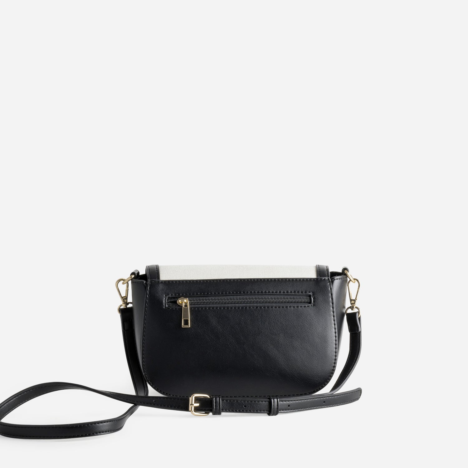 Sac à main bi-matière noir et textile beige