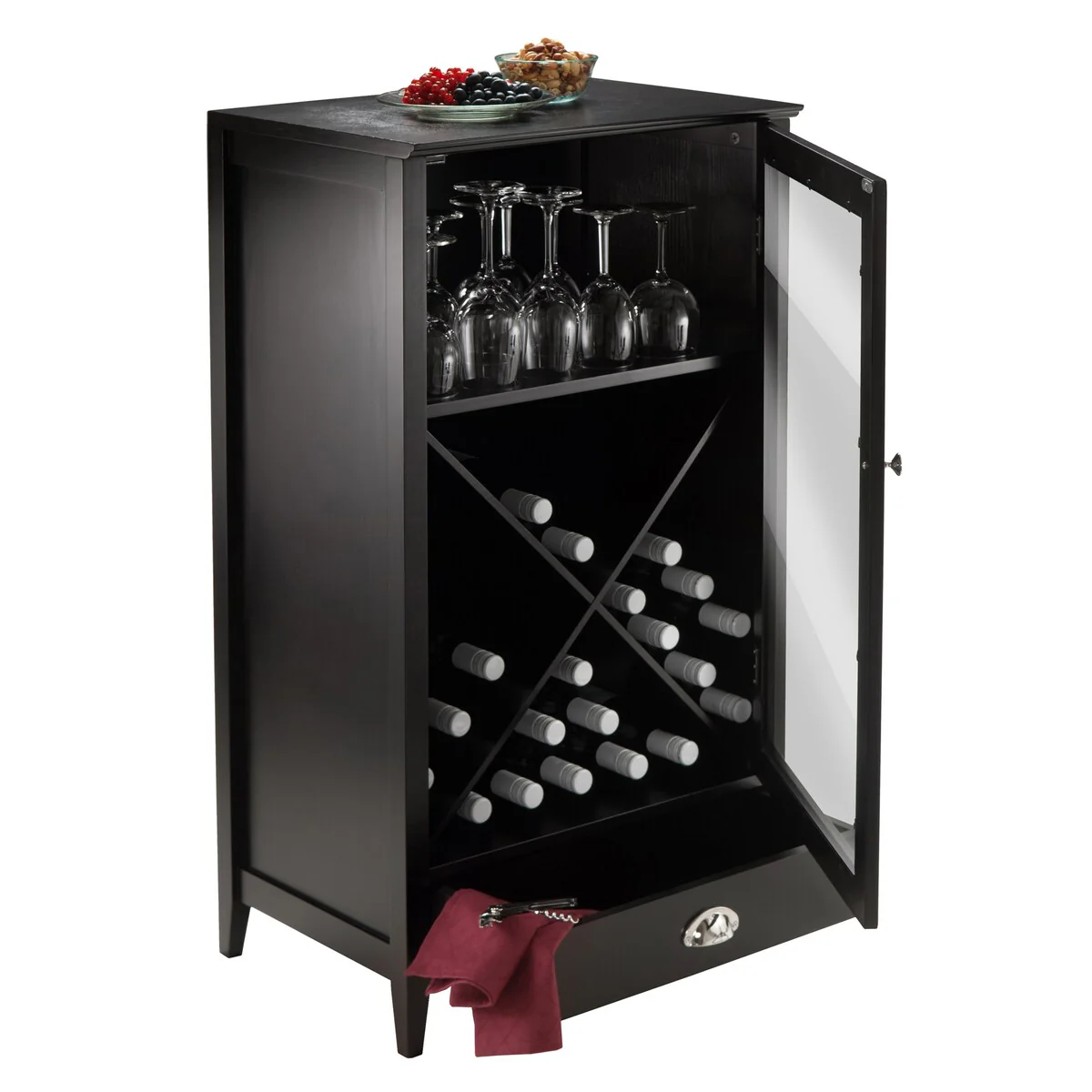 Wooden Wine Cabinet with Glass Door and X Panel for 28 Bottle Storage - 22.64 x 15.75 x 40 inches