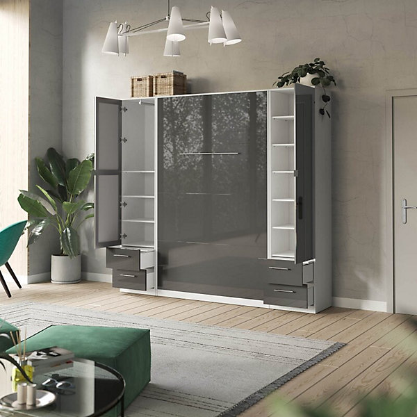 Lit escamotable  2 Placards Vertical 90x200 (50x2)cm Miroir Supérieur Blanc-Anthracite Brillant