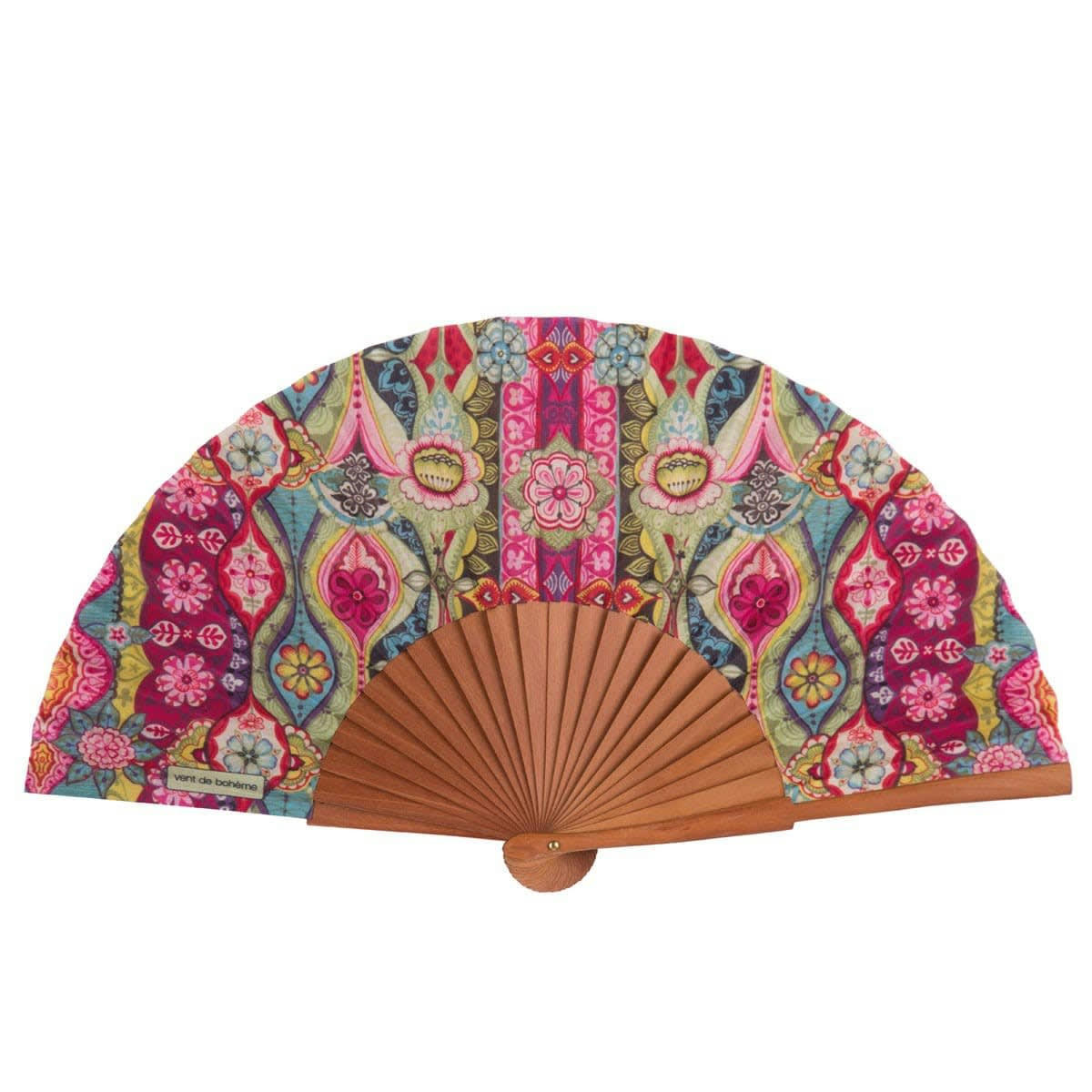 BOHEME - Éventail en bois de merisier et coton imprimé design fleuri