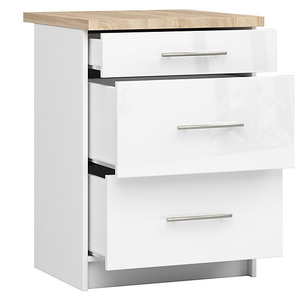 Meuble de cuisine sur pied : 3 tiroirs, blanc mat, blanc brillant, 60 x 85 x 46 cm