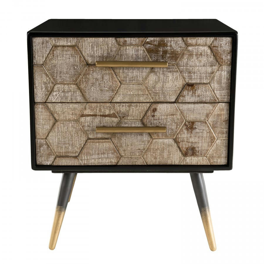 DALIE - Chevet noir 2 tiroirs en sapin marqueté pieds métal doré