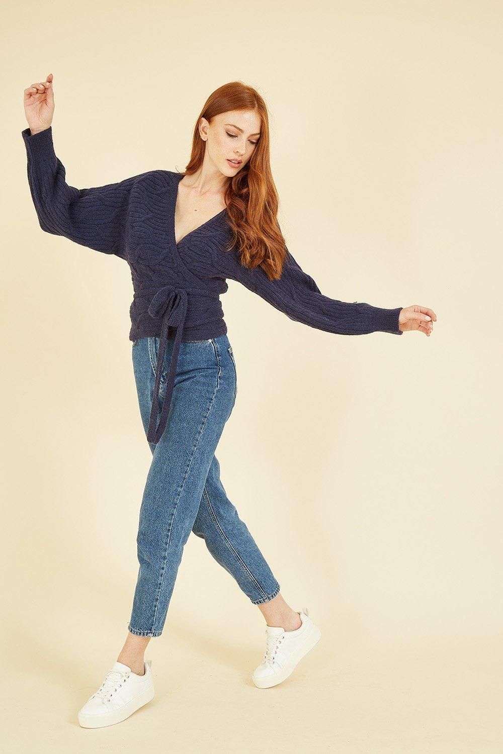 Mela Navy Knitted Wrap Jumper