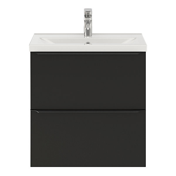Meuble vasque suspendu faible profondeur noir mat l.60 cm Imandra   plan vasque blanc céramique Nira, GoodHome