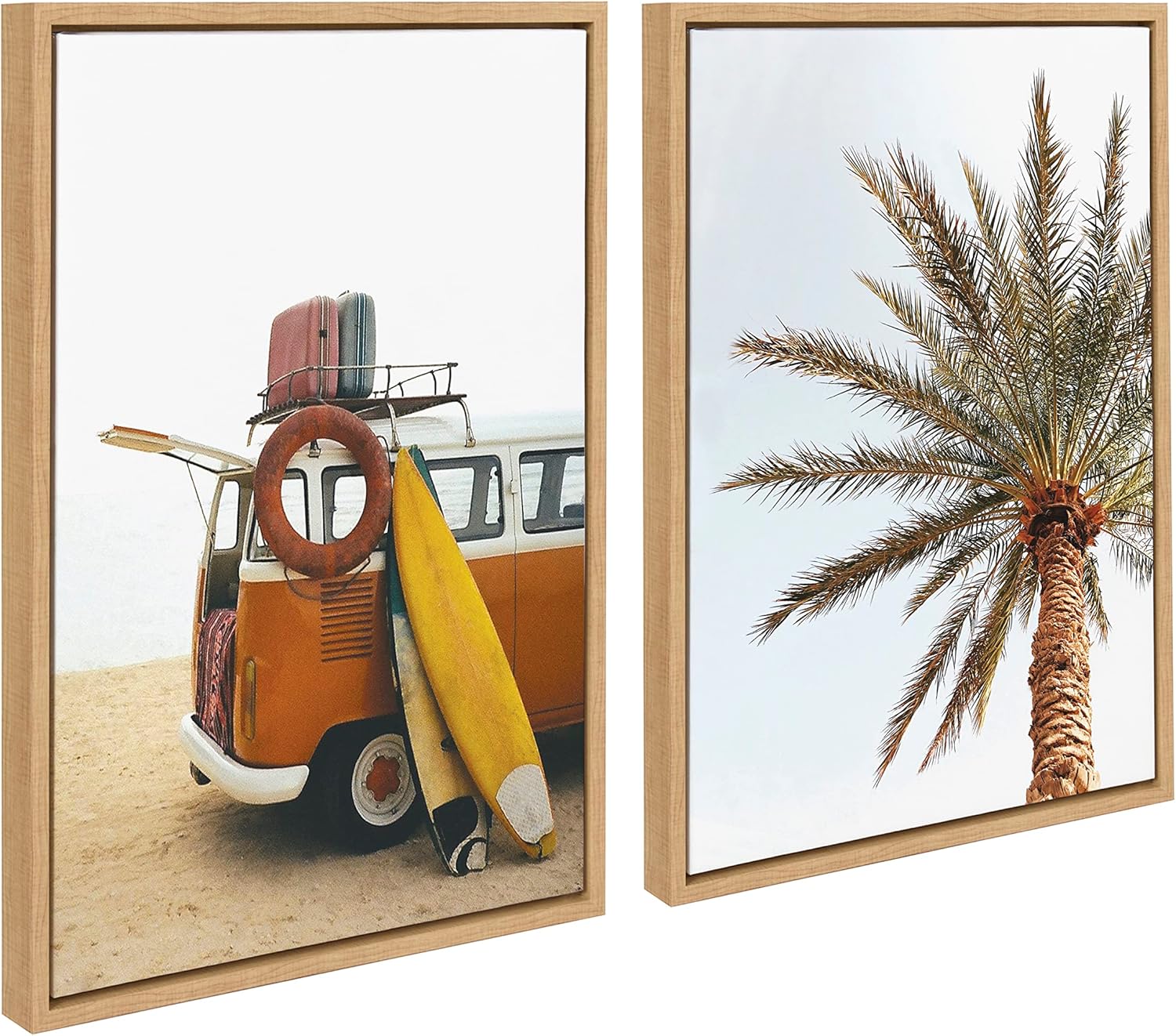 Kate and Laurel Sylvie Surfboard Beach Van and One Palm Tree in Paradise Framed Canvas Wall Art Set by The Creative Bunch Studio, 2 Piece Set 18x24 Natural, Tropical Surfing Wall Décor
