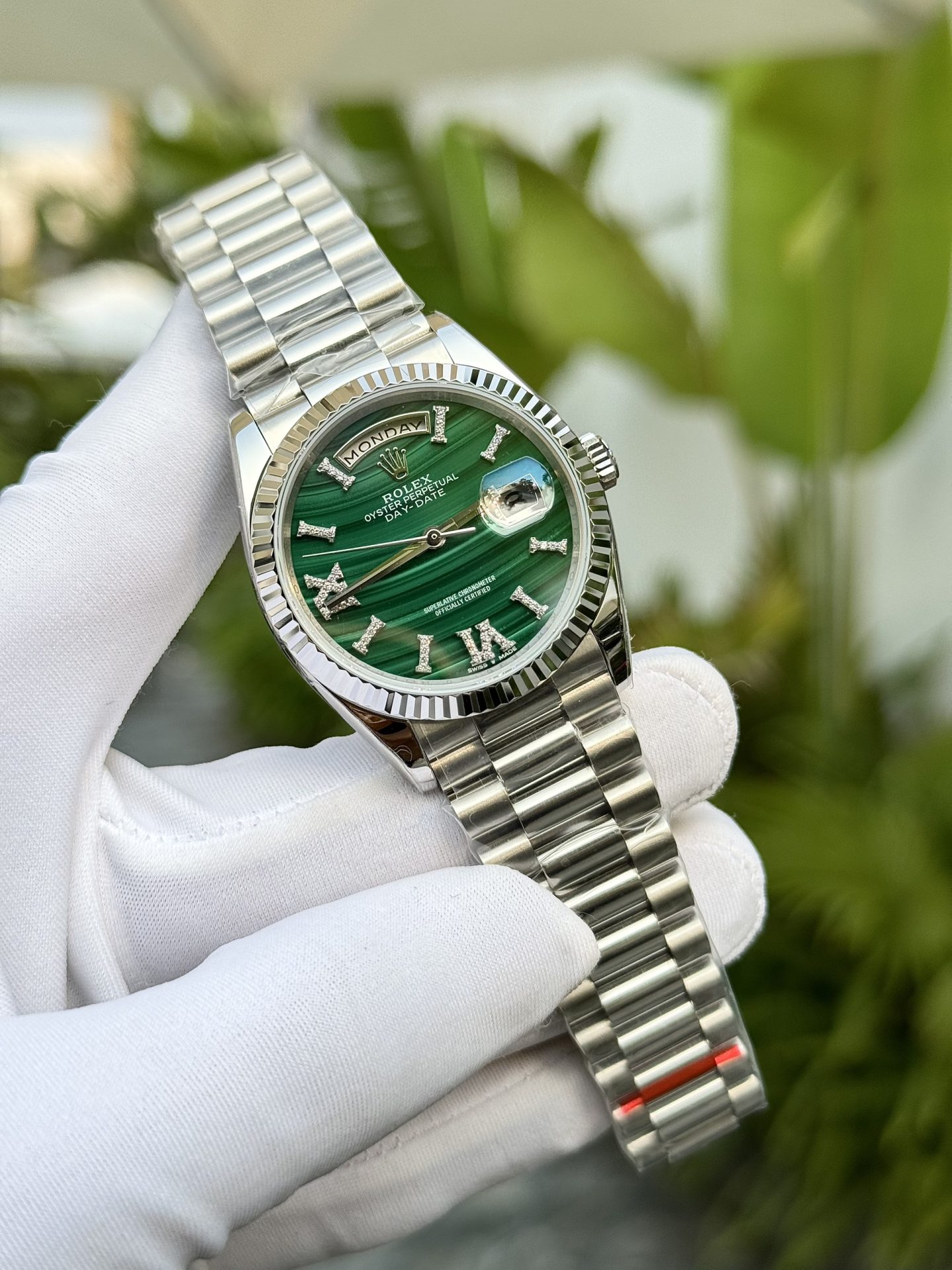 Rolex Day-Date 904L Steel Green Roman Dial CZ Diamonds 40mm Super Clone