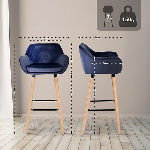 Lot de 2 tabourets de bar en velours, dossier Grant, structure bois, capacité à 150 kg Bleufoncé