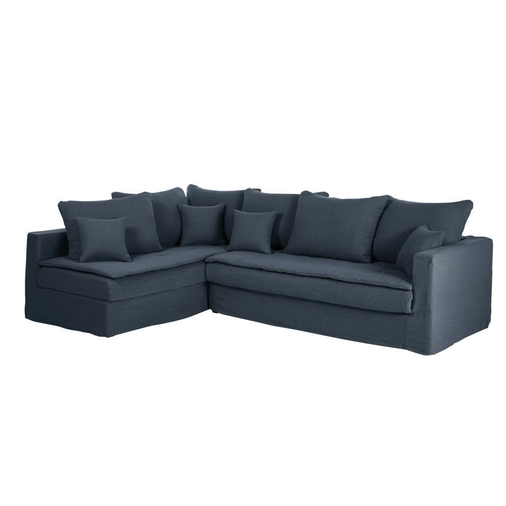 Célestin - Canapé d'angle gauche 5 places en lin bleu nuit