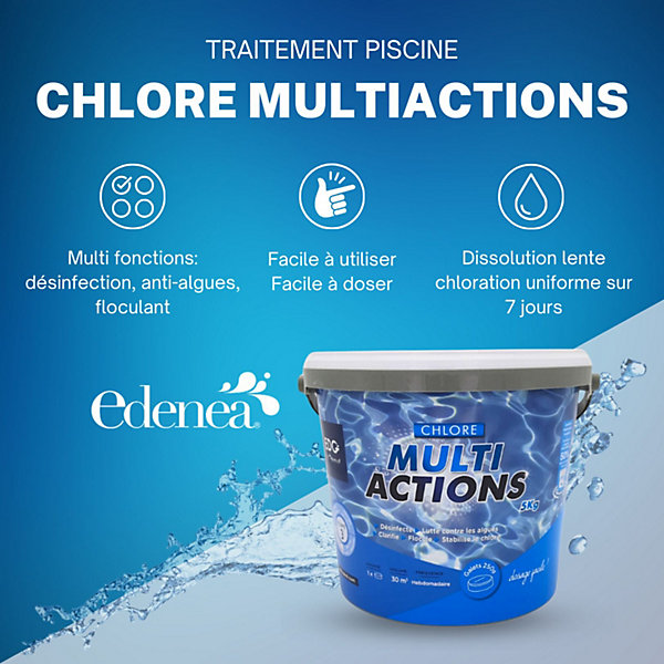 Chlore Multi Actions Piscine - Multi Fonctions Action Longue Durée - Galets 250G - Seau 5 kg - Edg