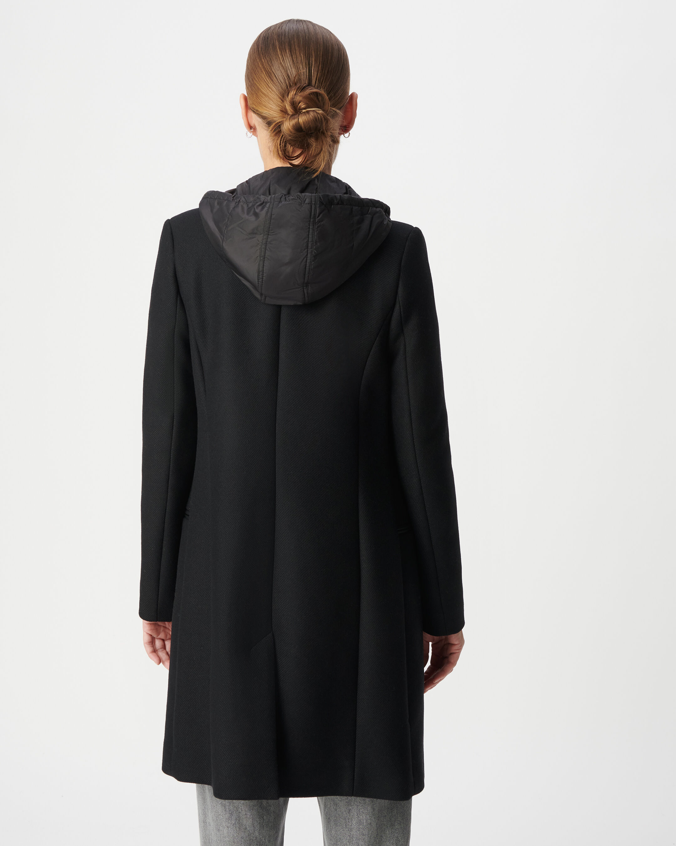 Manteau mi-long noir capuche matelassée amovible Femme