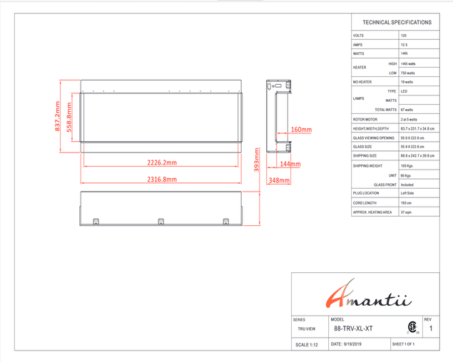Amantii Smart 88" unit - 14 1/4" in depth 3 sided glass fireplace