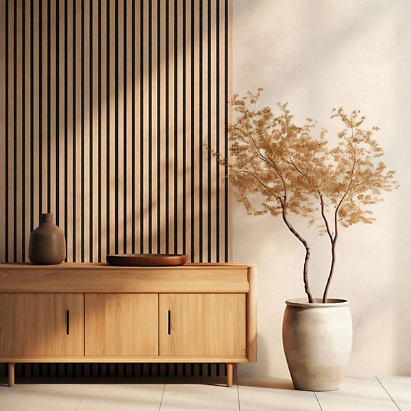 Lot de 4 panneaux acoustiques tasseaux bois 250 x 30 x 1,9 cm - Lamelles bois placage chêne clair véritable fond noir - 3m²