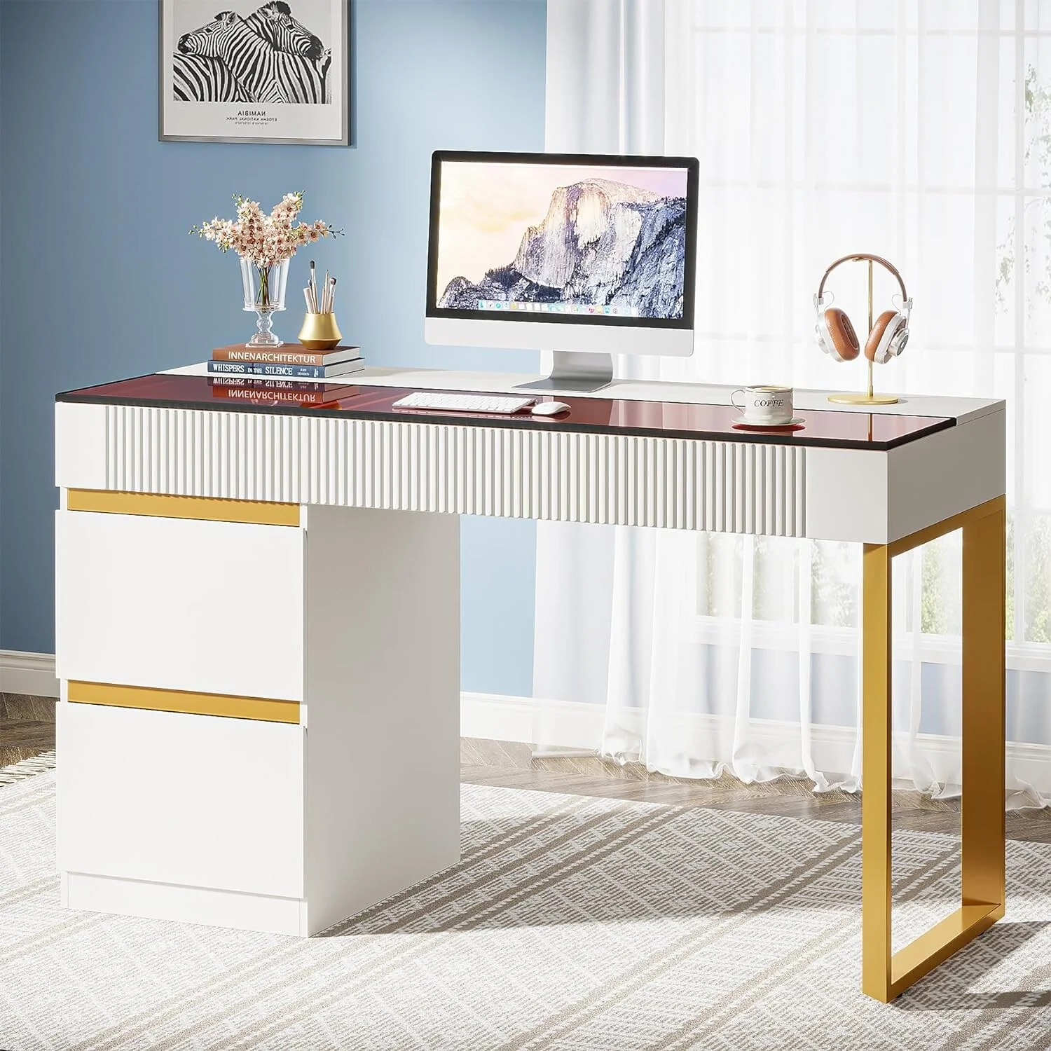 47 Inch Modern Computer Desk with 4 Drawers, Home Office Desk with Glass Top, Makeup Vanity Table
