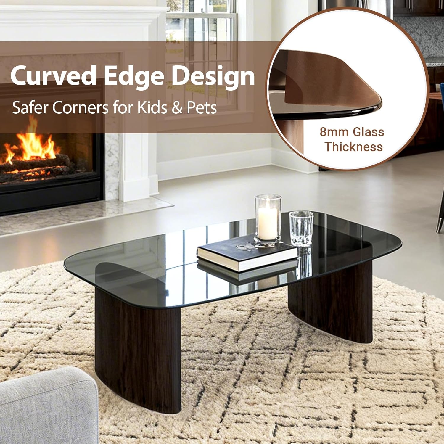 Modern Glass Coffee Table, Coffee Table for Living Room,Tempered Glass-top with Sturdy Wooden Base, Modern Coffee Tables for Small Space, Apartment, Office, Minimalist Design (Walnut)