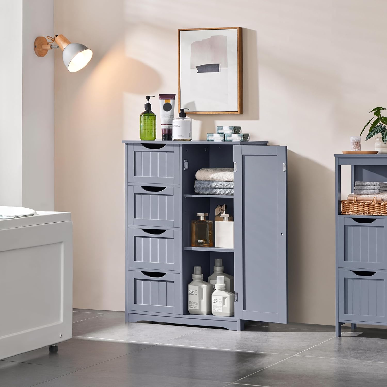 Yaheetech Large Bathroom Storage Cabinet, Freestanding Floor Cabinet with 4 Dawers and 1 Door, Adjustable Shelf, Bathroom Storage Organizer with 3 Shelves, for Living Room Kitchen Hallway, Gray
