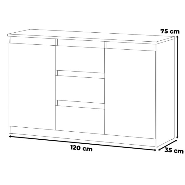 Komoda nowoczesna wysoka 3 szuflady 120cm biała sonoma