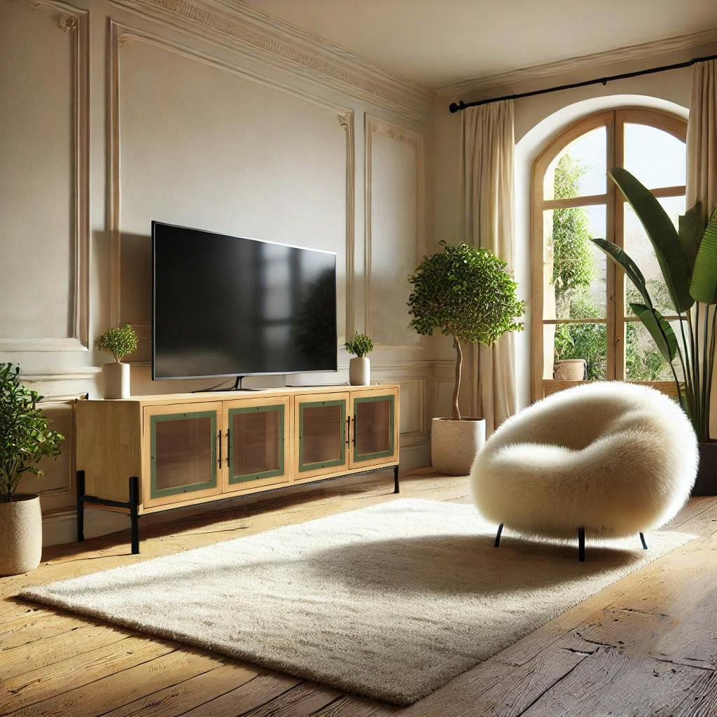 Meuble TV bois clair 4 portes vitrées contour vert BAGAN