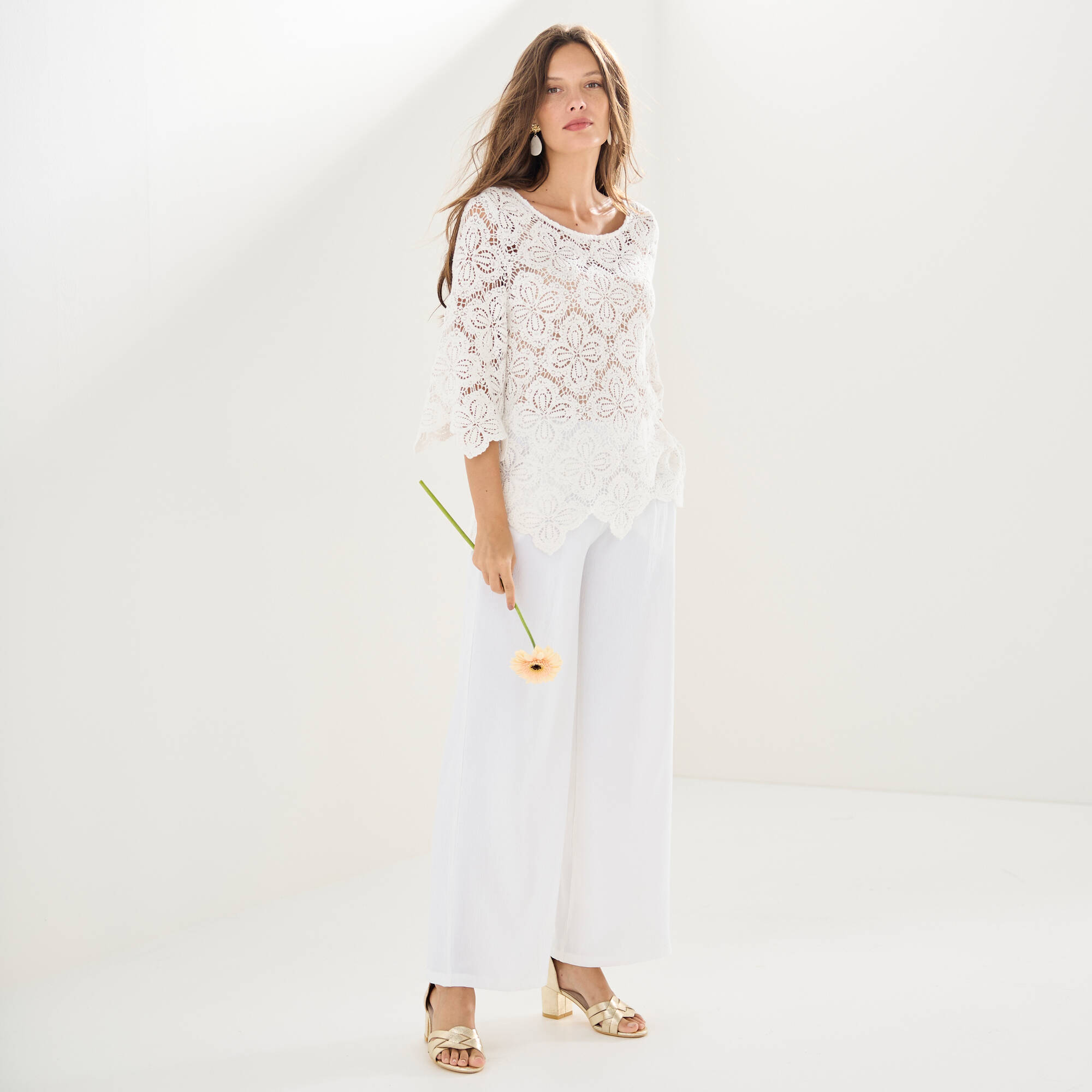 Pantalon large taille haute à enfiler, cr&ecirc;pe fluide