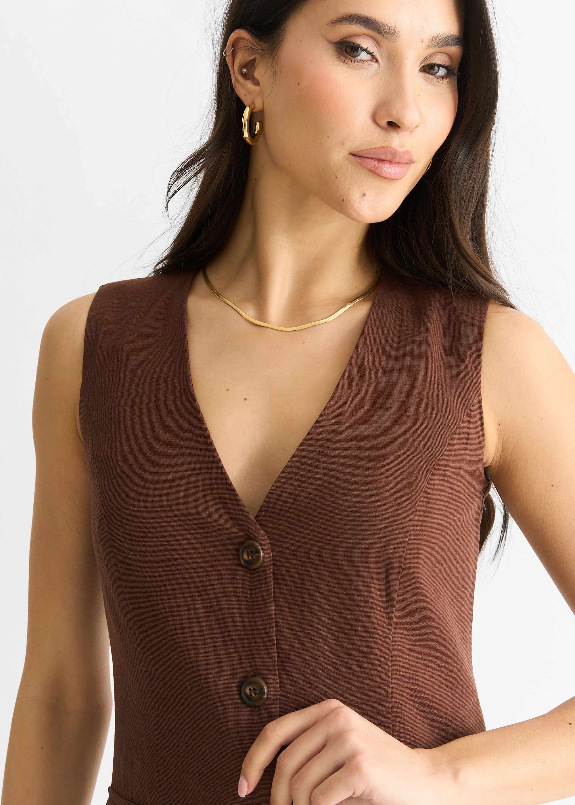Gini London Chocolate Linen Button Through Mini shirt Dress