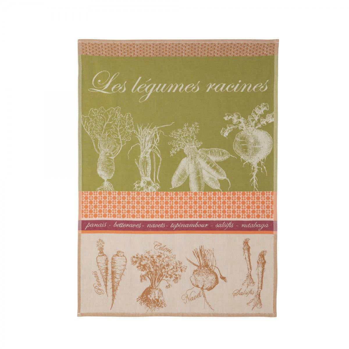 LEGUMES RACINES - Torchon en jacquard de coton vert 50x75