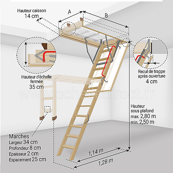 Echelle escamotable bois - Trémie de 60 x 100cm - Hauteur de 2.50 à 2.80m - LWK60100-2
