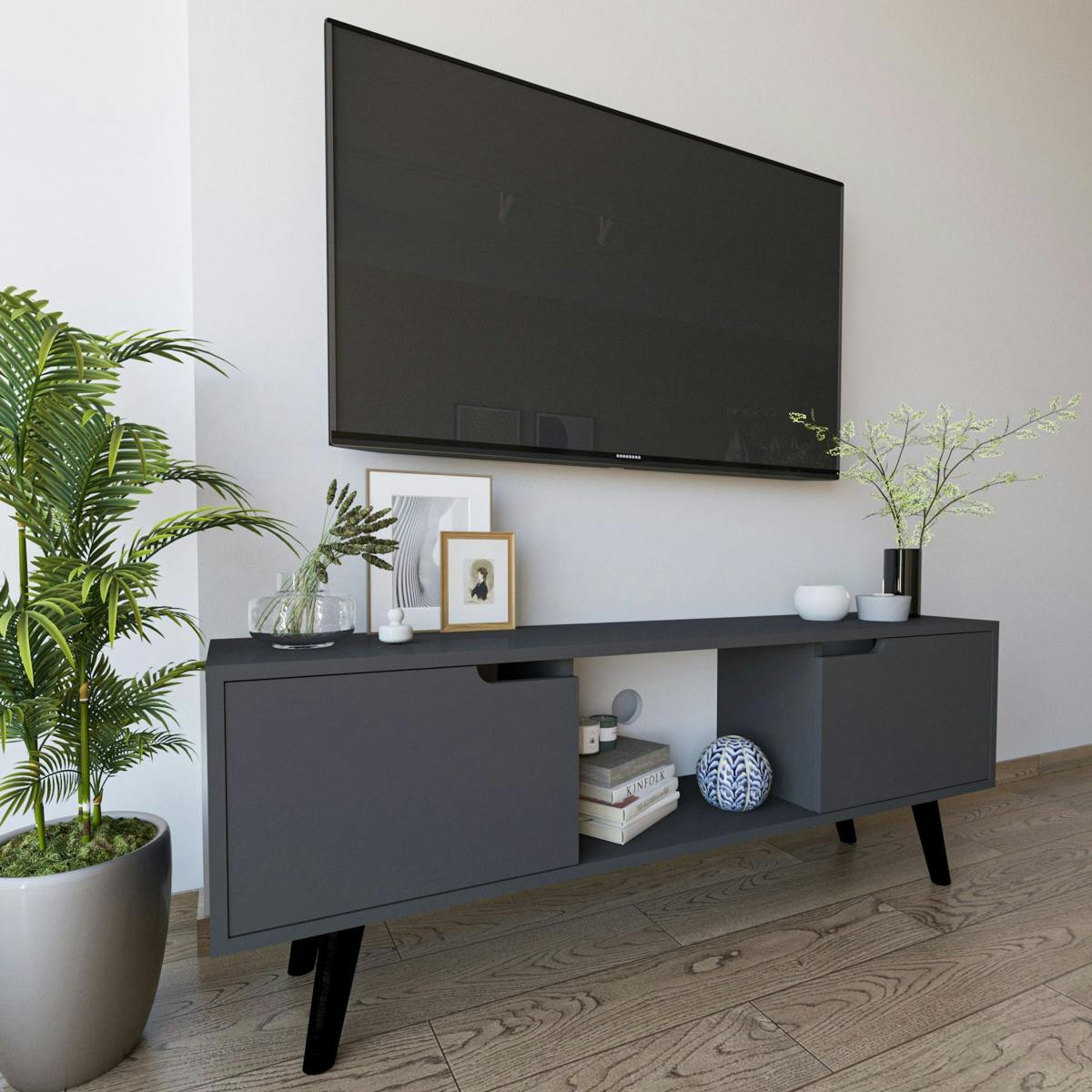 Petit meuble TV 2 portes anthracite poignées intégrées MARFA