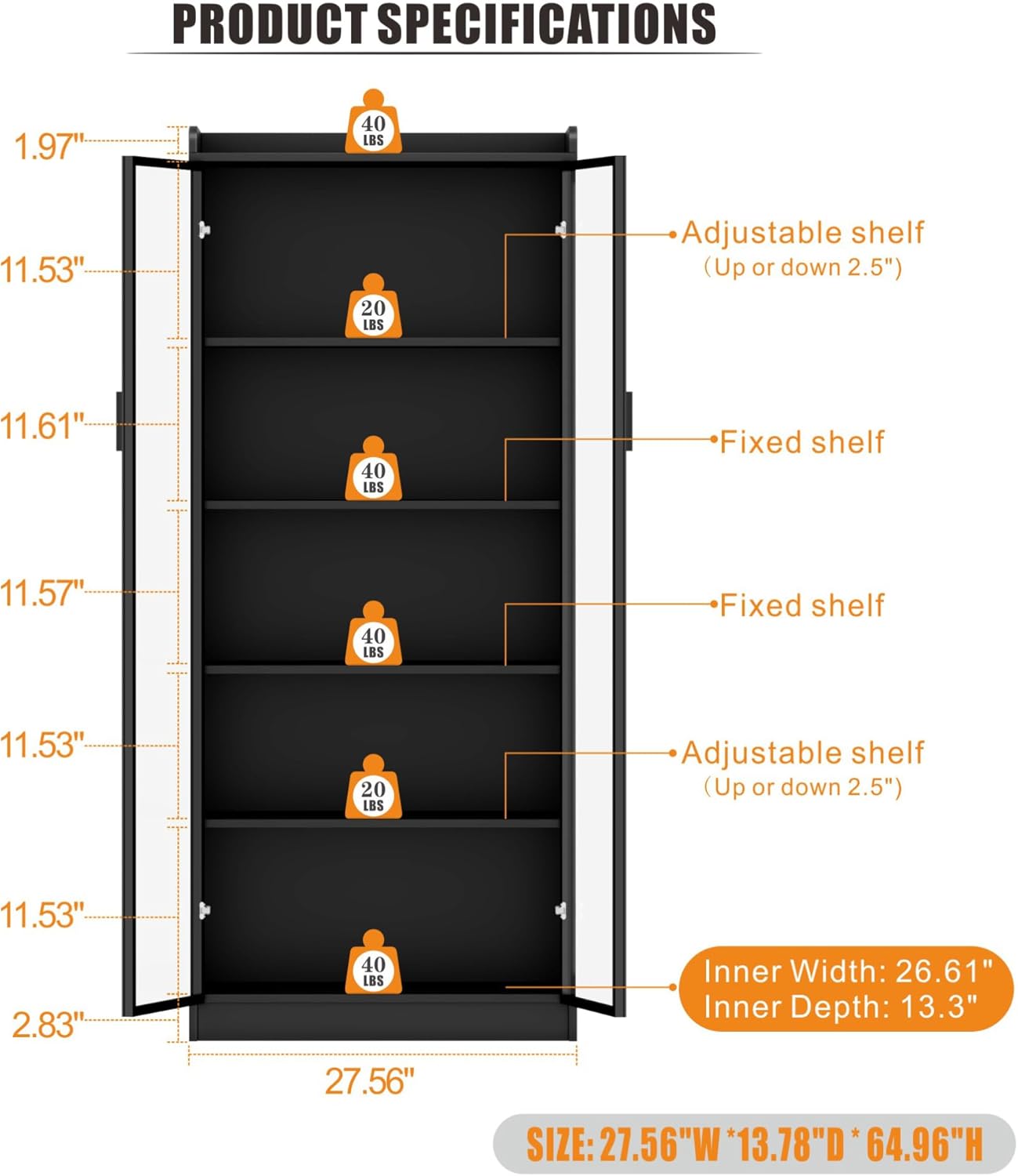 Display Cabinet with Doors and Adjustable Shelves, 65 Tall Bookcase with LED Lights/Human Sensor, 5 Tier Display Case for Collectibles Bedroom Living Room Office, Black