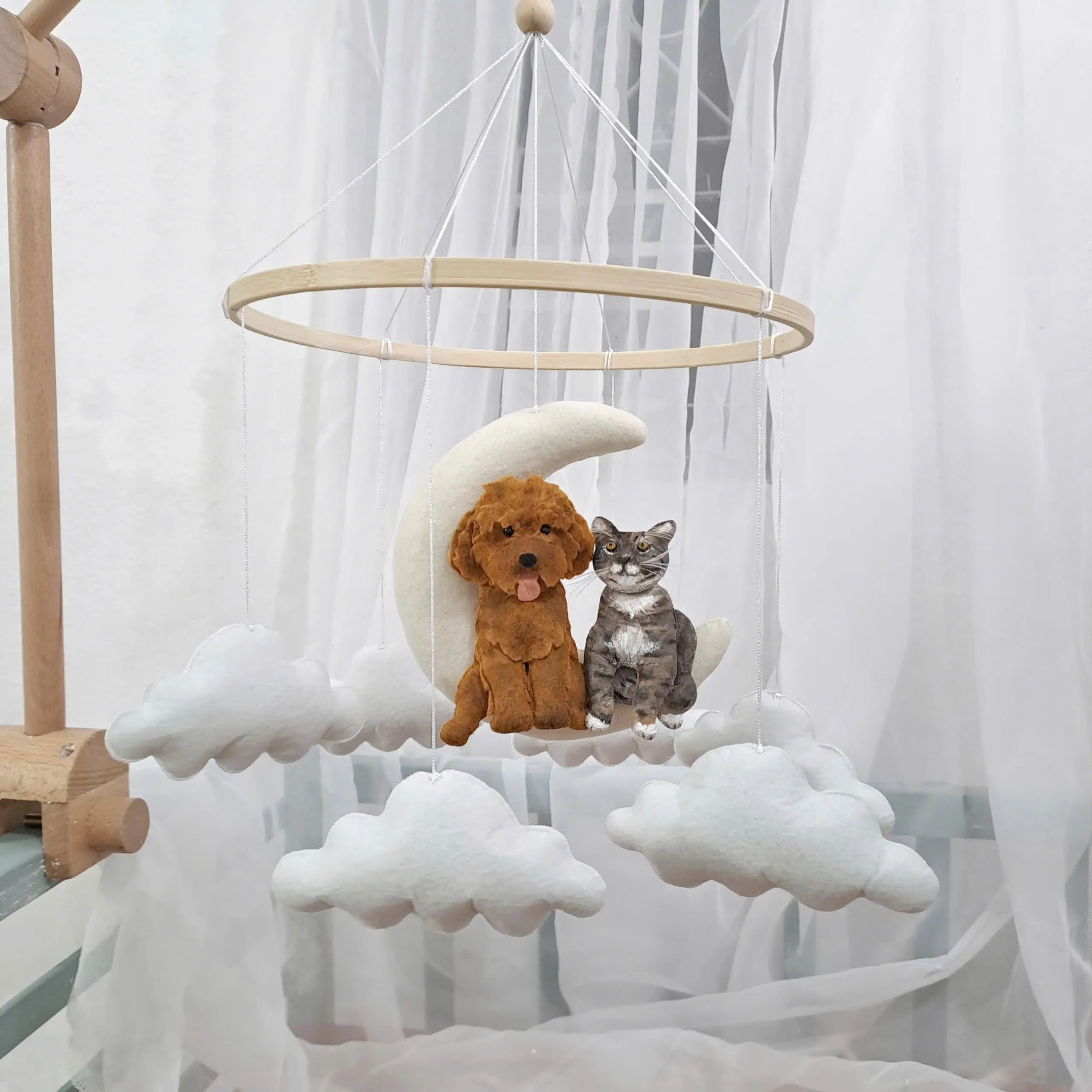 Custom Dog Cat on Moon Baby Mobile, Personalized Baby Nursery, Personalized Dog Mobile Nursery, Dog Nursery Decor, Cat Nursery Decor
