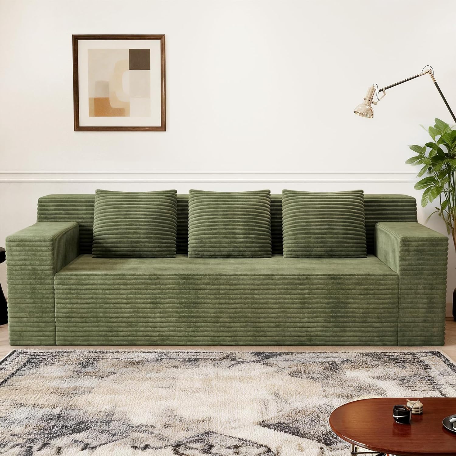 Kurhwyss 71 Corduroy Living Room Sofa, 3 Setaser Deep Seat Couch with 3 Lumbar Pillows, Comfy Boneless Sofa Modern Compressed Couch for Bedroom, Office, Apartment, No Assembly, Flat Armrests (Green)