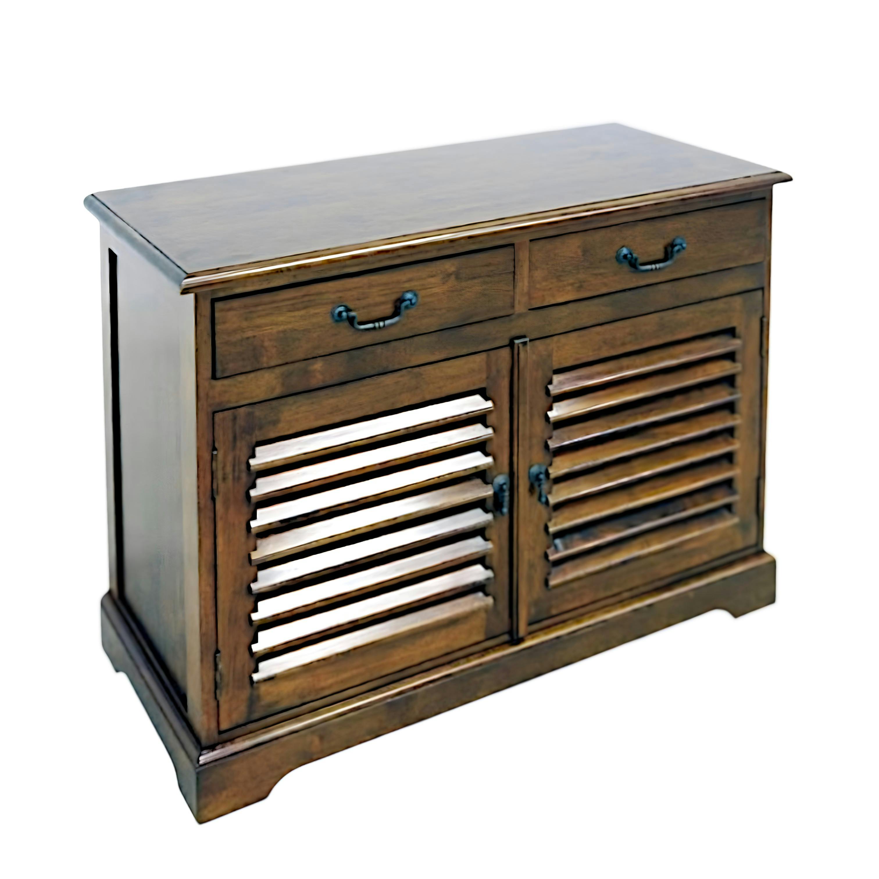 Meuble TV / Buffet Hévéa 2 portes persiennes, 2 tiroirs 100x44x77cm MAORI