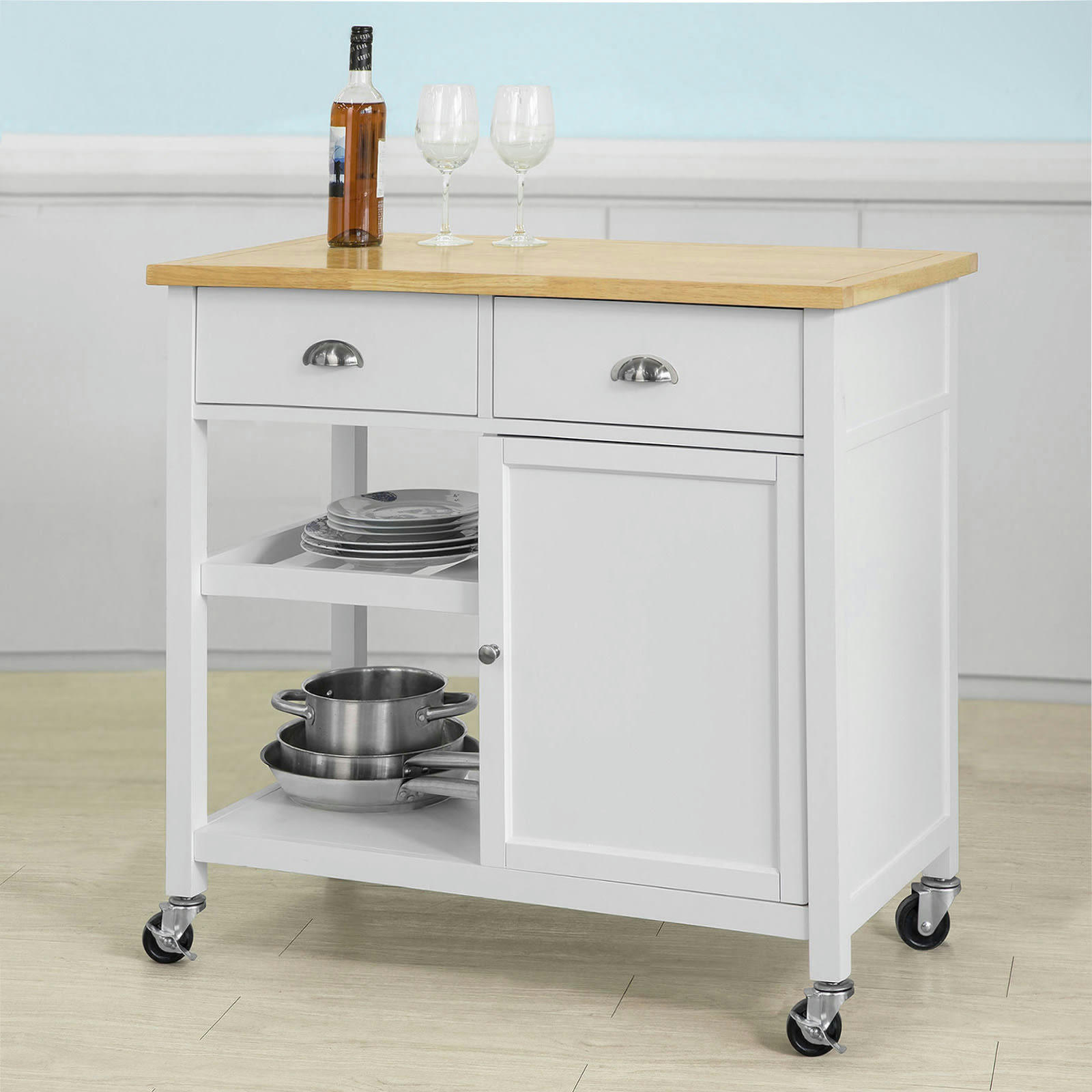 - Desserte en bois blanc à roulettes 2 tiroirs 1 porte