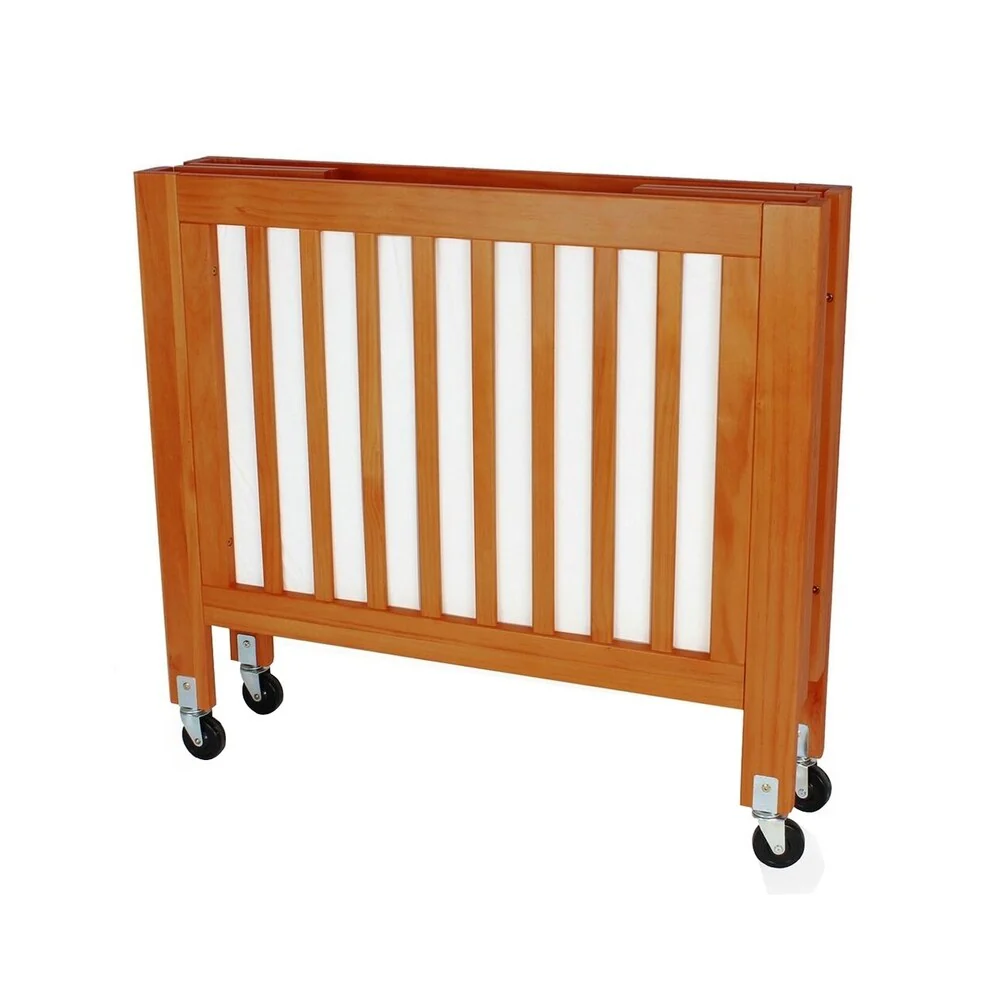Slatted Wooden Crib with Folding Mechanism and Casters Support, Brown
