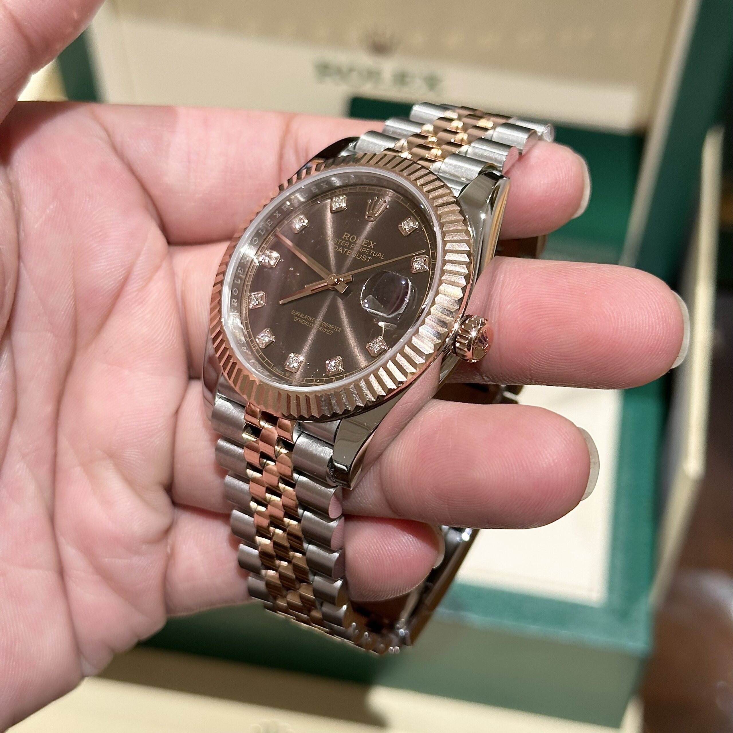 Rolex Datejust SS/RG Plated Chocolate Dial CZ Diamonds 41mm Jub EWF Replica