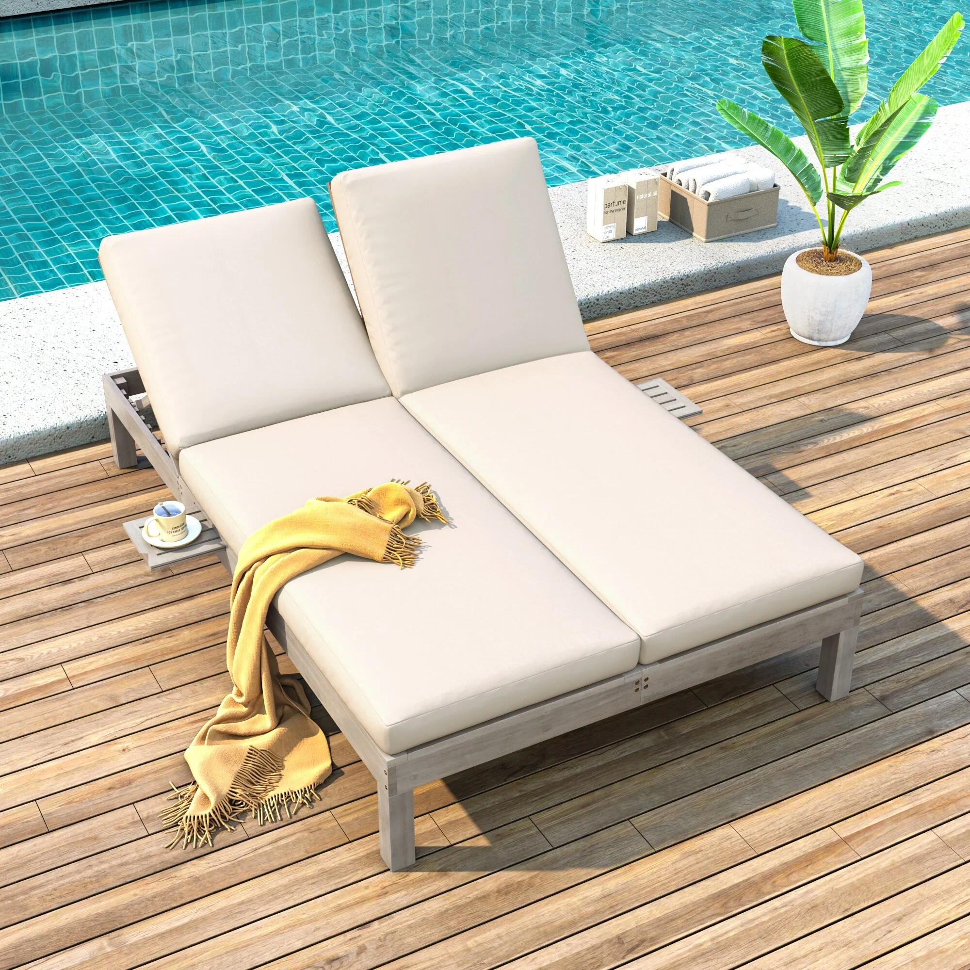 Outdoor Patio Double Chaise Lounge with Cushion and Folding Side Trays, All Weather Acacia Wood Daybed Sun Lounger for 2 People