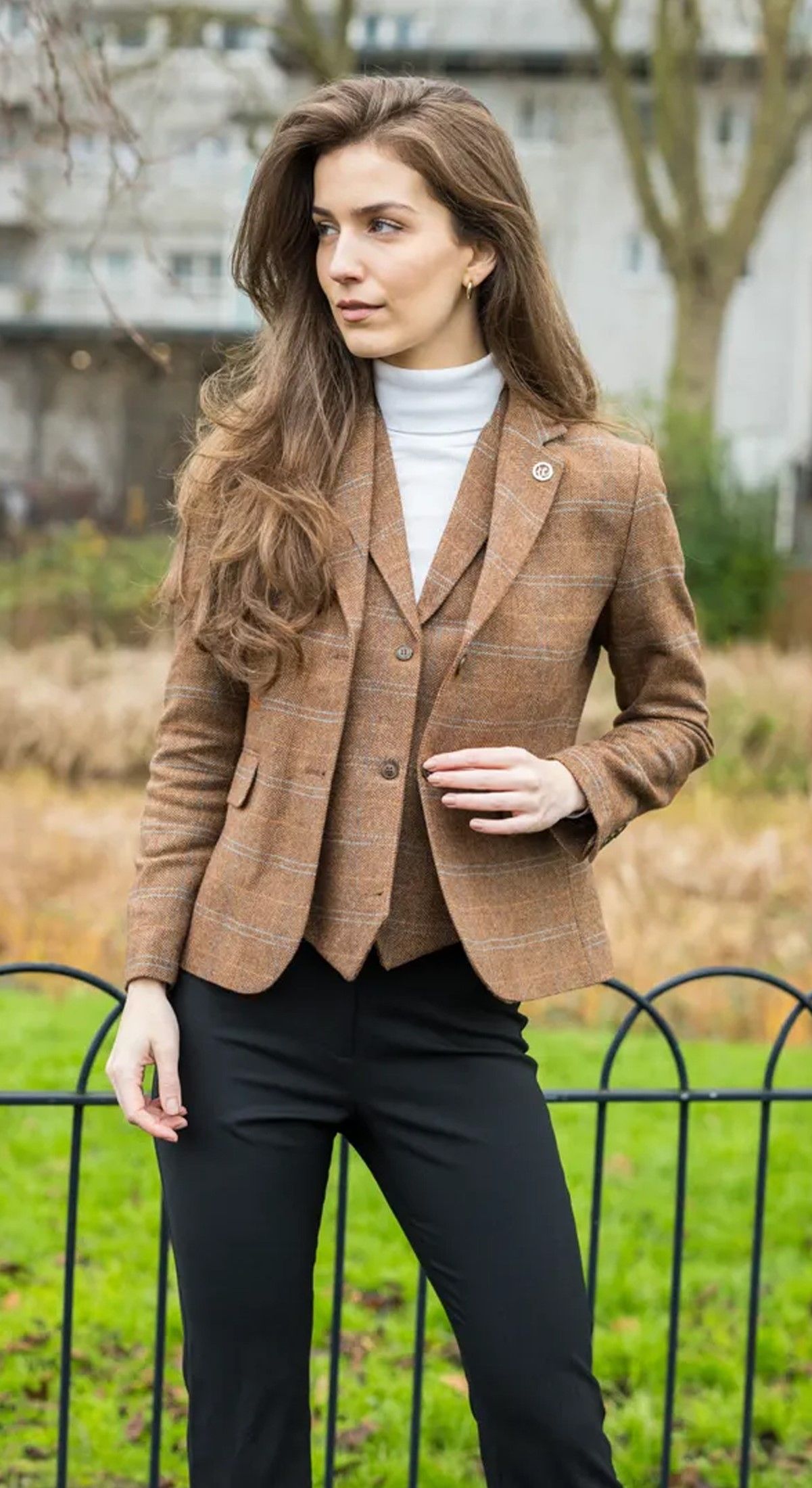 Infinity Leather Women's Tailored Fit Tweed Blazer in Herringbone Check