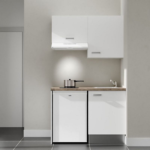 Kitchenette K01 façades Blanc - Plan de travail Bois - Crédences : Non - Evier inox - Electroménager Blanc inclus