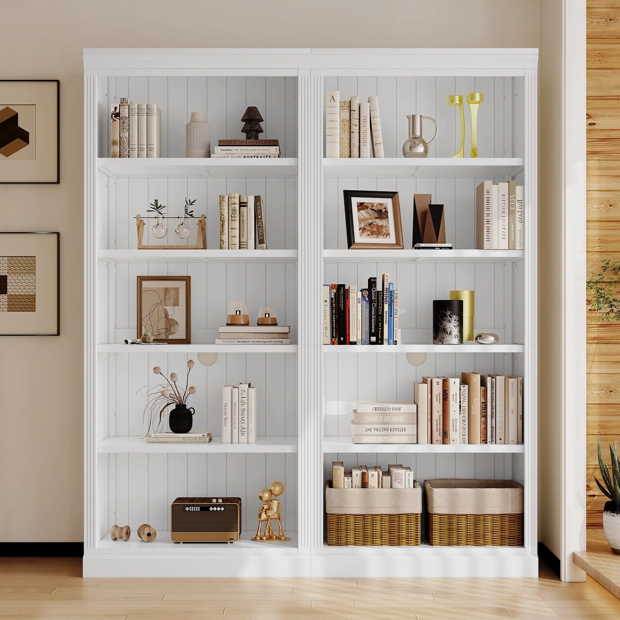 83 Tall Wood Bookcase Suite With Light Strip, Five-Tier Home Decor Bookcase Featuring Adjustable Shelves, Storage Organizer.