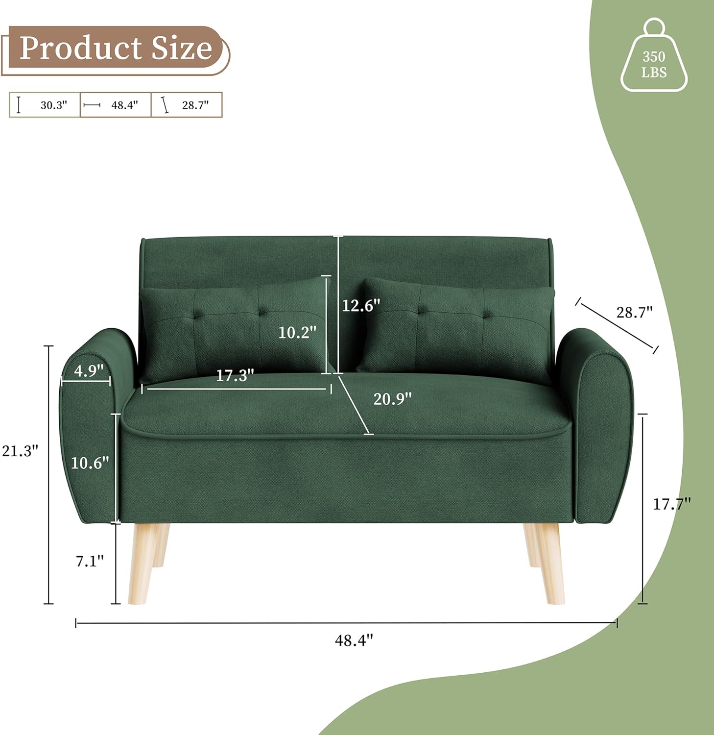 Vongrasig 47 Small Modern Loveseat Sofa, Mid Century Linen Fabric 2-Seat Sofa Couch Tufted Love Seat with Back Cushions and Tapered Legs for Living Room, Bedroom and Small Space (Green)