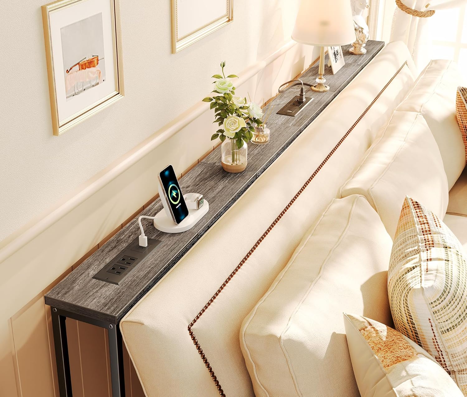 SUPERJARE 78.8 Inch Narrow Console Table with Outlet, Sofa Tables, Behind Couch Table, Long Entryway Tables with Charging Station, for Living Room, Charcoal Gray