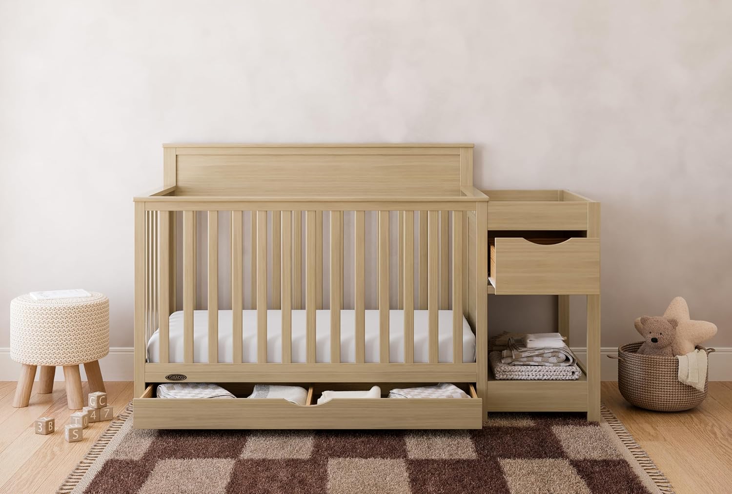 Graco Shiloh 5-in-1 Convertible Crib & Changer with Drawer – GREENGUARD Gold Certified Baby Crib Crafted from Wood, Converts to Toddler Bed, Daybed, and Full-Size Bed (Driftwood)