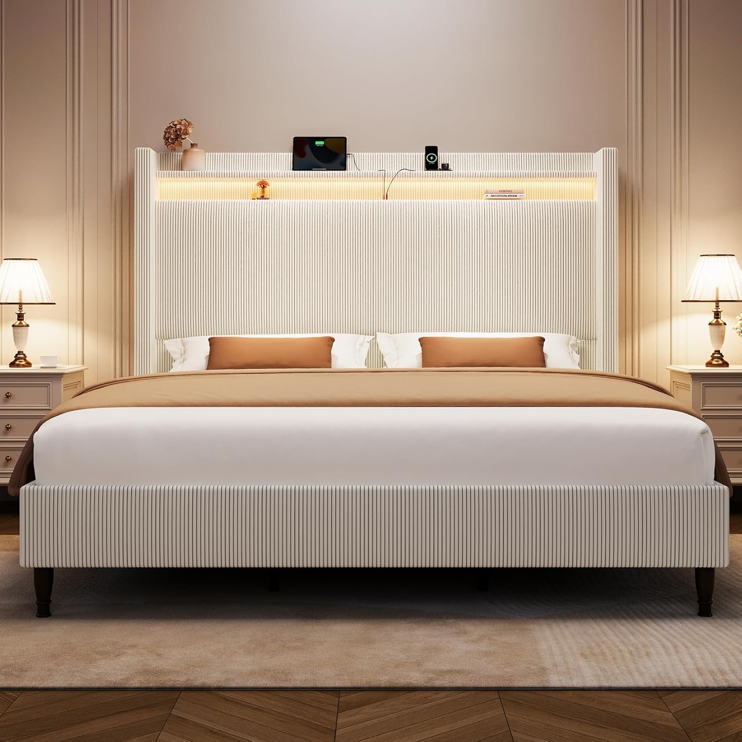 King Size Bed Frame with Tall Headboard, 55.3 Upholstered Platform King Bed Frame, Elegant Corduroy Wingback Bed with LED Lights & Charging Station, No Box Spring Needed, Solid Wood Slats, Cream