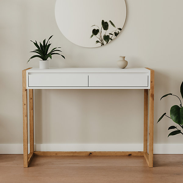 Console 2 tiroirs décor blanc et chêne artisan L100 cm - NOVA