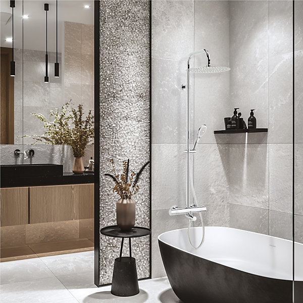 Colonne bain douche thermostatique anti-brûlure avec pomme de tête, douchette et flexible, chrome, Valentin Opium