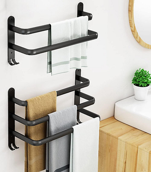 BASHLWUA (40cm, double tige) Porte-serviettes adhésif mural de salle de bain noir mat, porte-serviettes en aluminium sans perforat